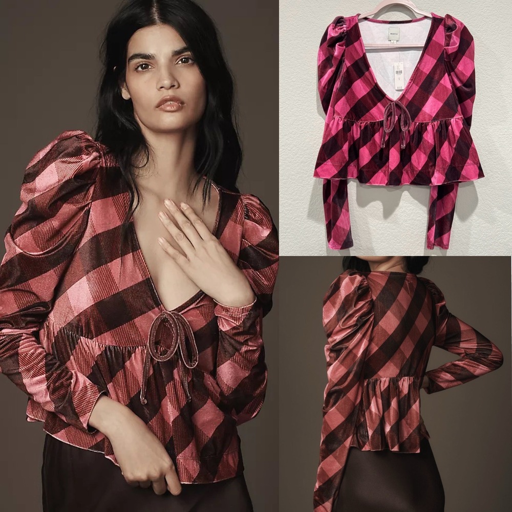 Maeve Anthropologie Velvet Plaid Peplum Top XS S Puff Long Sleeve Fall Burgundy - Picture 1 of 8